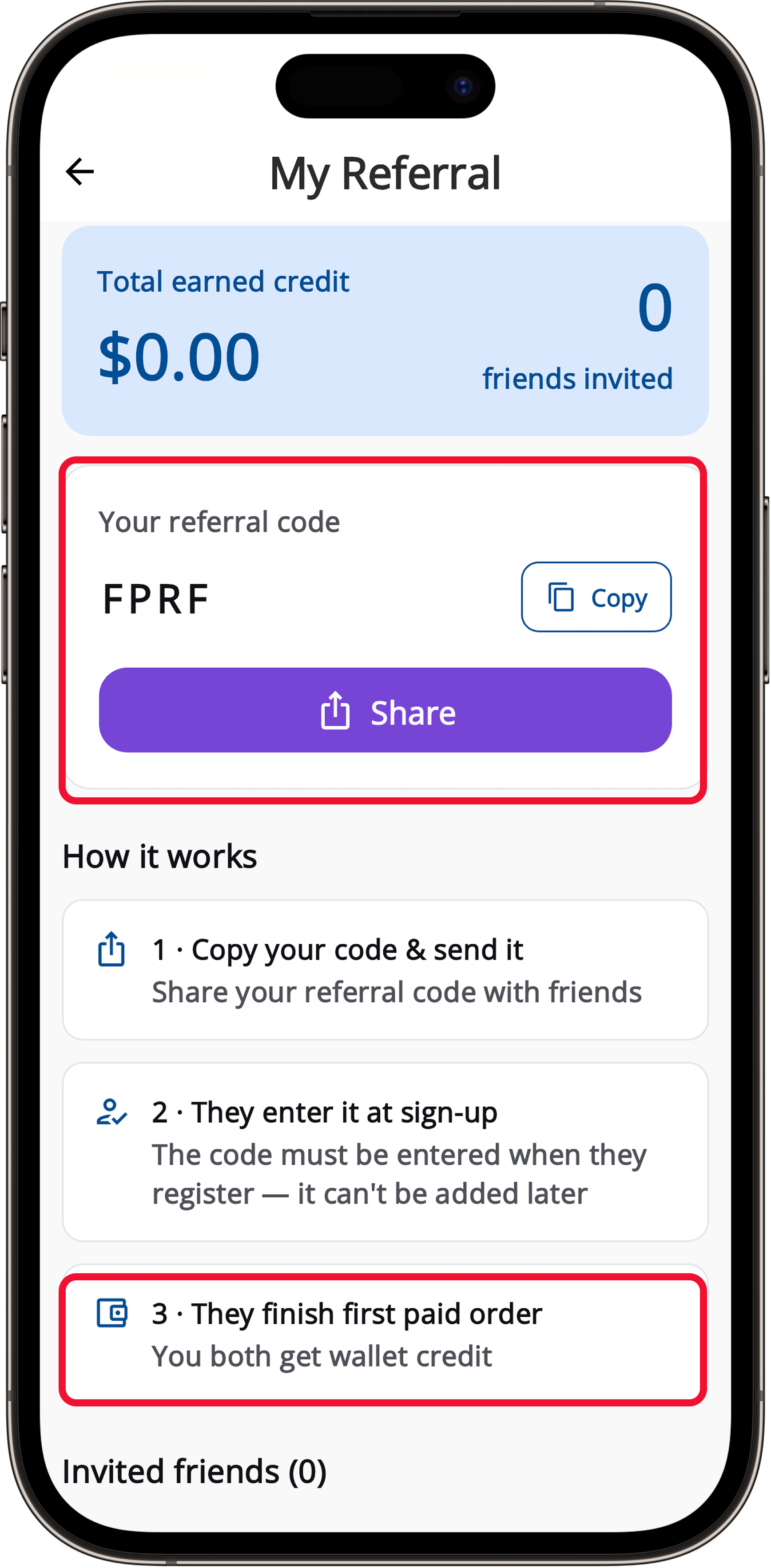 MoovDrop My Referral screen showing the referral code and how it works